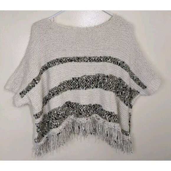 Anthropologie Moth Poncho Crew Metallic Fringe Sweater Boho Oversized Small - Picture 2 of 9